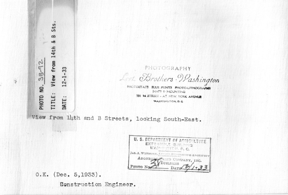 1933 (Dec 1) South Bldg, View from 14th and B Sts, looking SE USDA Construction Photo Collection (2)