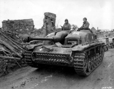 Captured German  StuG III  with concrete reinforcement on  armour plates, 1944