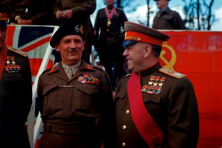 Marshals of the Soviet Union G.K. Zhukov and K.K. Rokossovsky with British Field Marshal Montgomery at the awards ceremony near the Brandenburg Gate Berlin July 12th 1954.