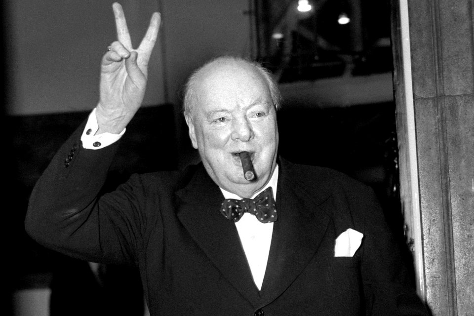 Winston Churchill gives V sign after lunchtime meeting with John Foster Dulles, September 17, 1954