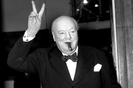 Winston Churchill gives V sign after lunchtime meeting with John Foster Dulles, September 17, 1954