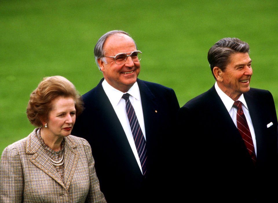 Margaret Thatcher, Helmut Kohl and Ronald Reagan attending an event at the World Economic summit in Bonn, Germany in 1985