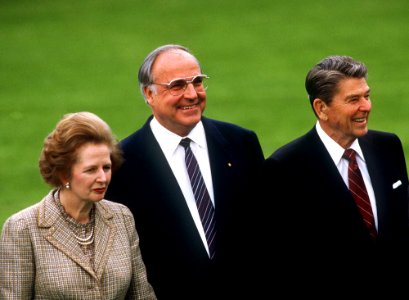 Margaret Thatcher, Helmut Kohl and Ronald Reagan attending an event at the World Economic summit in Bonn, Germany in 1985