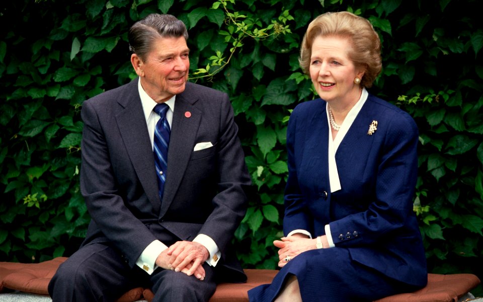 Ronald Reagan meets with Margaret Thatcher during an economic summit meeting in Venice, Italy in 1987