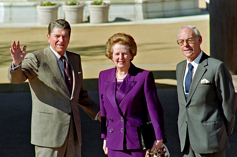 Ronald Reagan salutes next to Margaret and Denis Thatcher at Reagan Library, on February 04, 1991