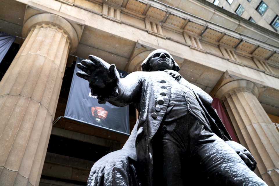 Snow-covered George Washington at Federal Hall