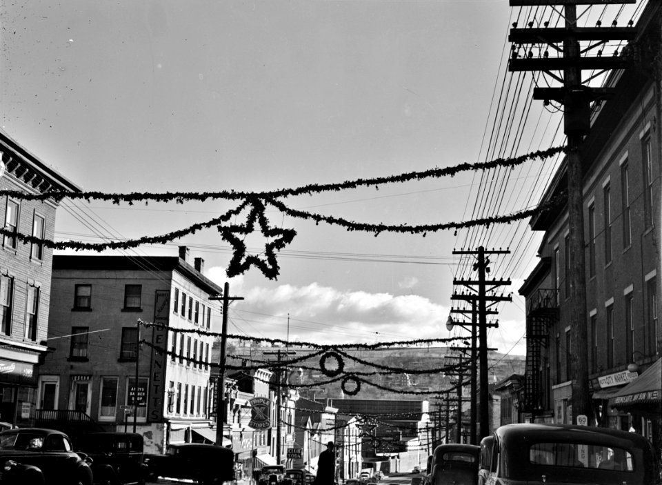 Yuletide Derby: The main street of Derby, Connecticut, decorated for the Christmas season, December 1940.