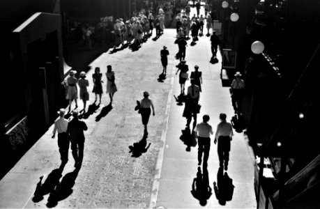 Five o'clock Shadows: Crowds in the street at five o'clock in the afternoon, Chicago, Illinois. July 1941.