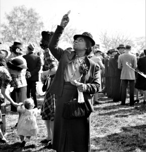 Over the Shoulder: A woman watches the Queen of the Cherry Blossom Festival being crowned. Washington, D.C., May 1941.