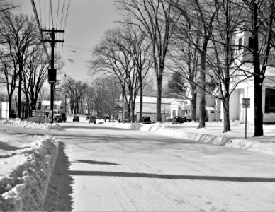 Snowy Small Town: The business section of Bantam, Connecticut. with the camera facing south along Lafayette Boulevard (Route 25). January-February 1942.
