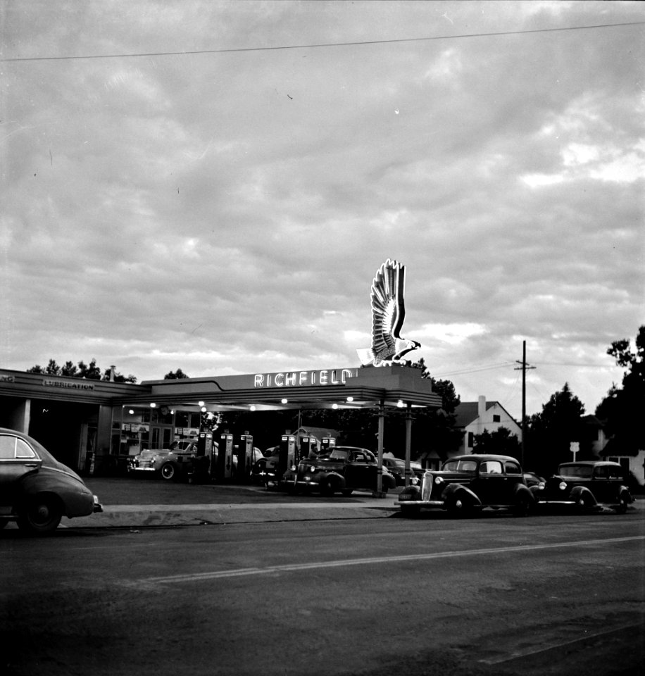 Eagle at Dusk: Gasoline filling station in Redding, California. June 1942.