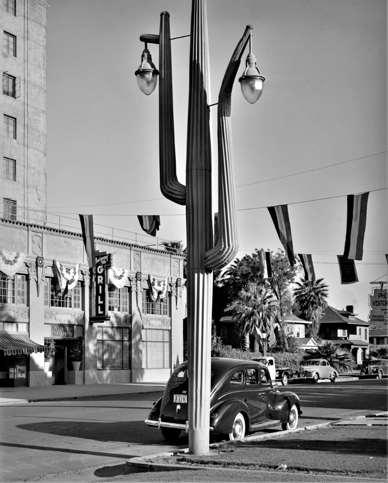 Urban Fauna: A cactus streetlight in front of a hotel in Phoenix, Arizona. May 1940.