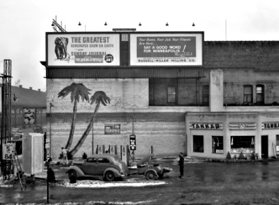 Far Away Places: A Gas station in Minneapolis, Minnesota, December 1937.