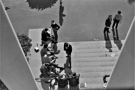 School Social: Students on steps of building between classes. University of North Carolina, Chapel Hill, Orange County. September 1939.