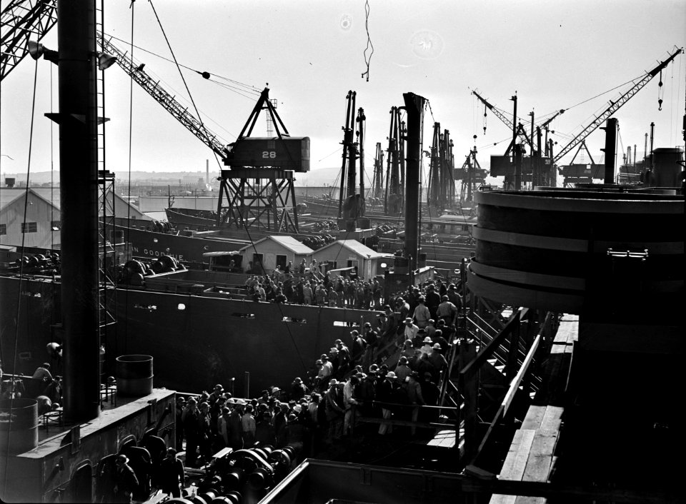 Change of shift at the California Shipbuilding Corporation, Wilmington, California. 1942.