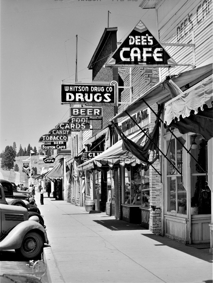 Greasy Spoon Galore: Street scene in Cascade, Idaho. June 1941.