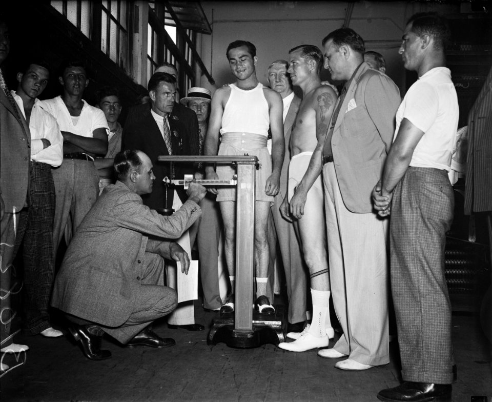 Measuring Up: Weight check, boxers, Barney Ross and Phil Furr, July 1936.