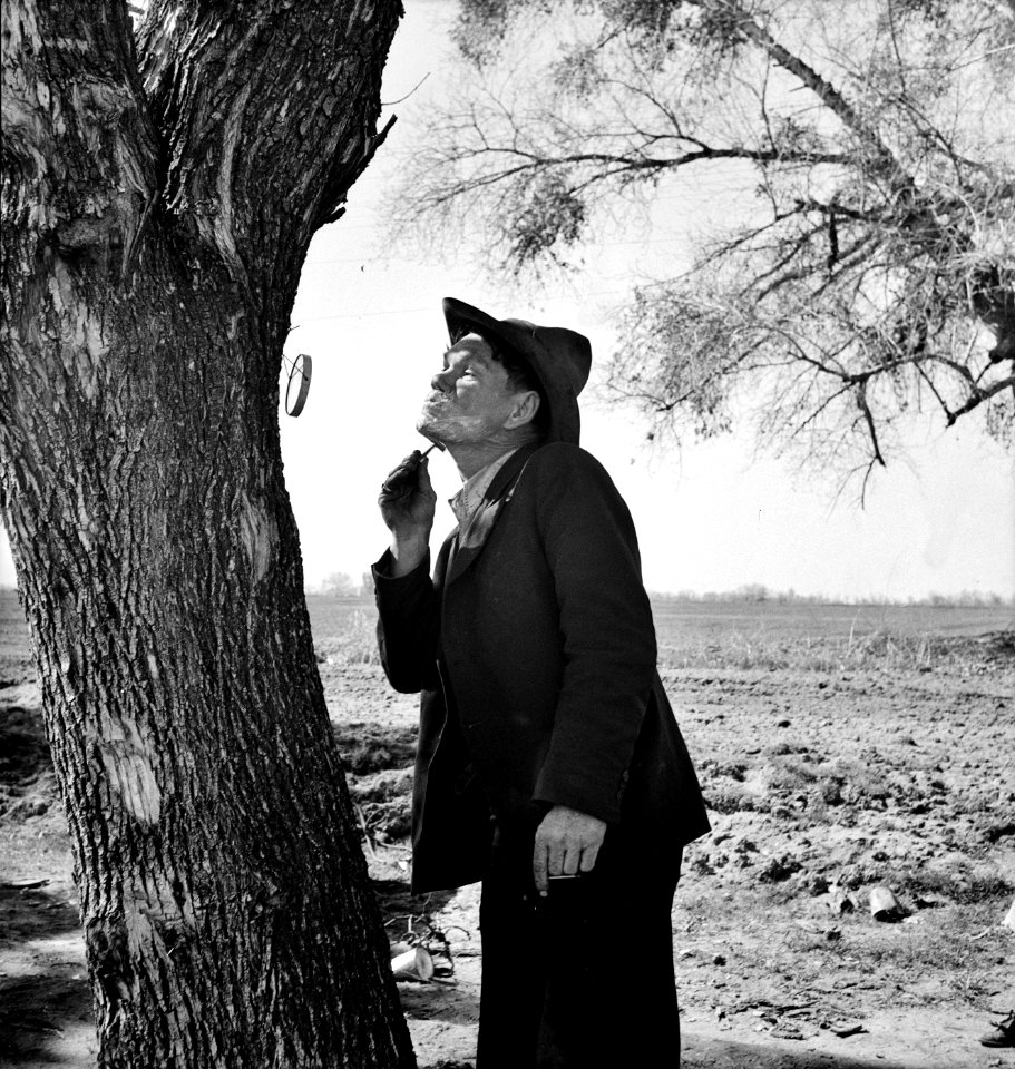 Open-air Barber: On U.S. 99 between Bakersfield and the Ridge, en route to San Diego. Migrant man shaving by roadside. February 1939.