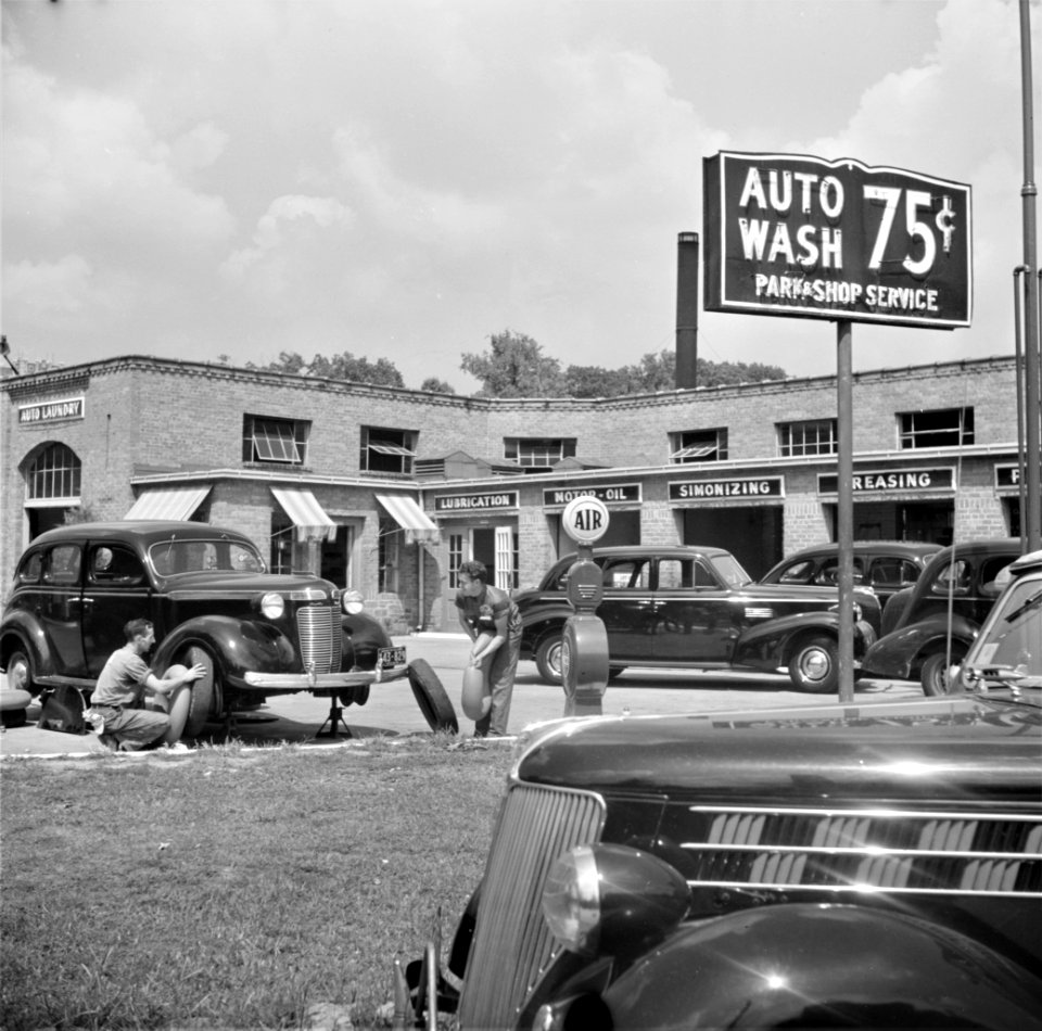 Spa Day: Service station on Connecticut Avenue. Washington, D.C., September 1940.