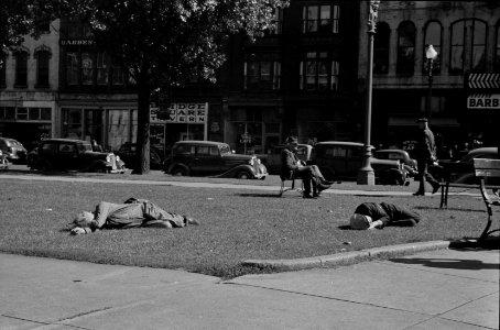 No Place to Sleep: Unemployed men sleeping in the park in the Gateway District, Minneapolis, Minnesota, September 1939. photo