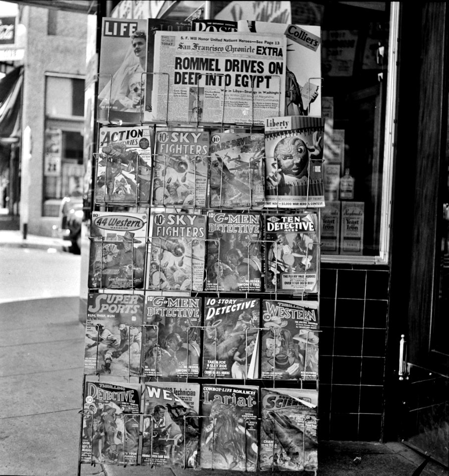 Pulp Peddler: A Magazine stand in Yreka, California, June 26, 1942.