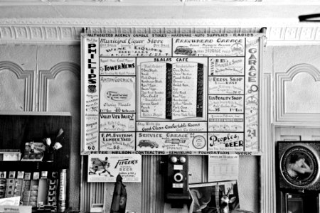 Bill of Fare: Advertising board and goods in a restaurant in Tower, Minnesota, August 1937. photo