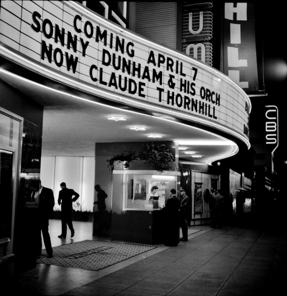 Bright Lights: Sign and ticket window of a large dance palace. Hollywood, California. April 1942.