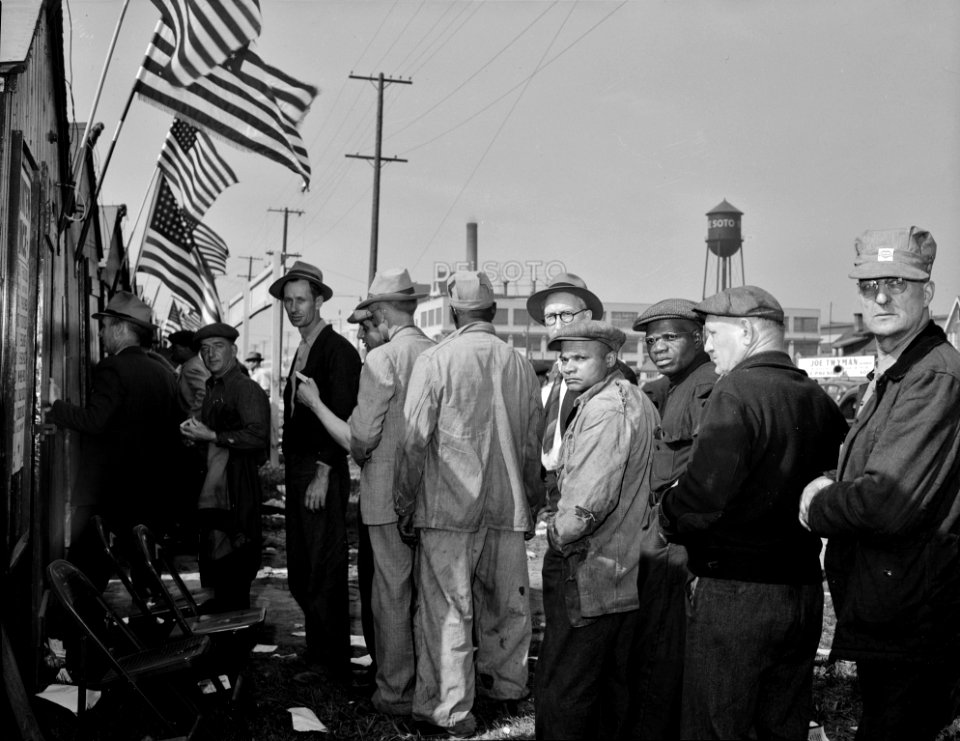 Workplace Democracy: Election of officers to the Ford local 600, United Automobile Workers, Congress of Industrial Organizations. 80,000 River Rouge Ford plant workers voted, April 1942.
