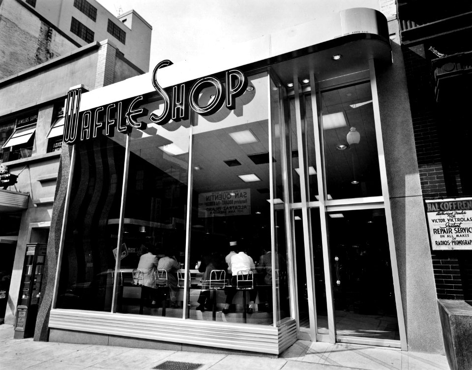 Waffle Moderne: Waffle Shop on 10th Street in Washington, D.C. Exterior of shop from side angle, day. Circa the late 1940s.