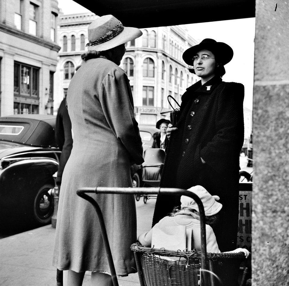 Women talk on the street in Holyoke, Massachusetts September 1941.