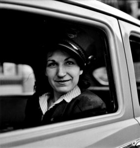 Cabby: Portrait of a woman training to operate buses and taxicabs, 1942. photo