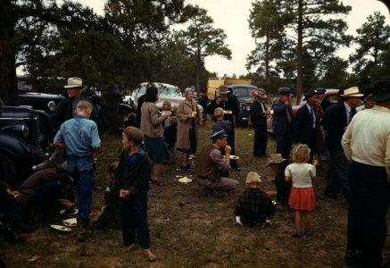 Crowd eating a free barbeque dinner at the Pie Town, New Mexico Fair. October 1940.