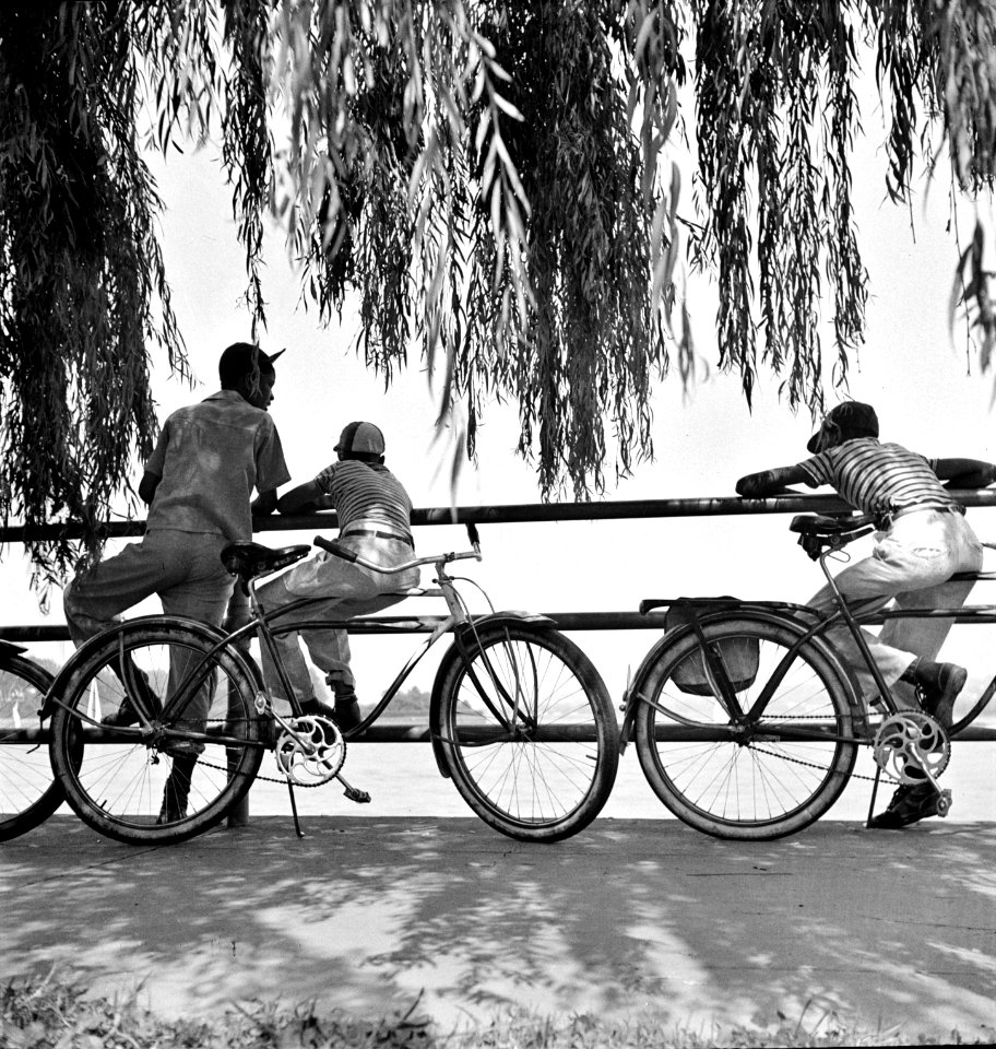Boys of Summer: Sunday cyclists watching sailboats at Hains Point. Washington, D.C. 1942.