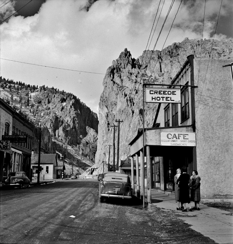 Ghost Town Redux: Main street of Creede, Colorado. Creede, for many years a ghost town, has resumed and is now producing much metal vitally needed for the war effort 1942.