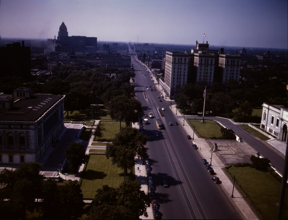 Looking north on Woodward Ave., from the Maccabees Building with the Fisher Building at the far left, and the Wardell Hotel at the middle right, Detroit, Michigan. July 1942.