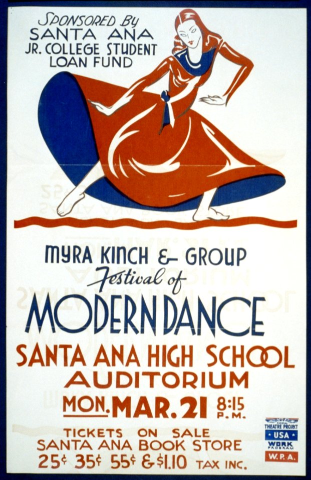 Poster for Federal Theatre Project presentation of "Myra Kinch and Group" in a concert of modern dance at the Hollywood Playhouse, showing a dancer flinging her skirt wide. 1938.