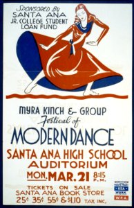 Poster for Federal Theatre Project presentation of "Myra Kinch and Group" in a concert of modern dance at the Hollywood Playhouse, showing a dancer flinging her skirt wide. 1938. photo