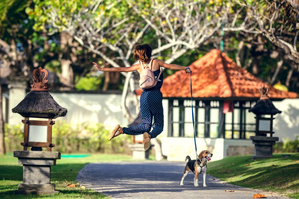 Young woman jumping with her lovely beagle dog in the park of Bali island, Indonesia.