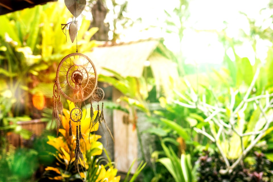 Dream catcher in a magical balinese garden. Bali island. photo