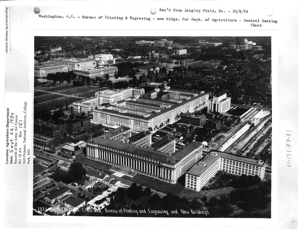 1934 (Sep 22) Bureau of Printing and Engraving, new Bldgs for USDA NARAII RG 18 AA Box 151