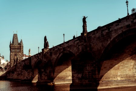 The historic 14th century Charles Bridge in Prague over the river Vlatava. Prague, Czech Republic