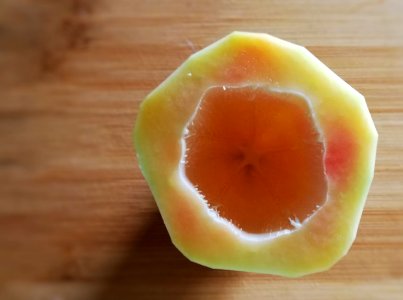 a cut seedless papaya photo