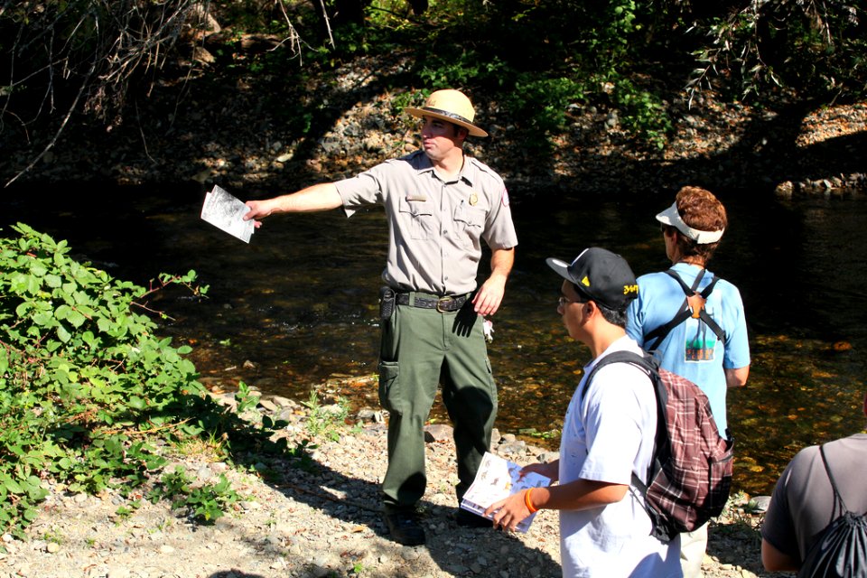Park Ranger guides students along  Calaveras River
