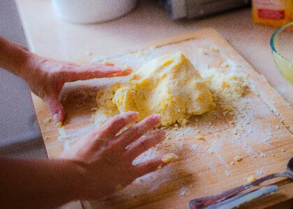 Chef cutting board dough photo