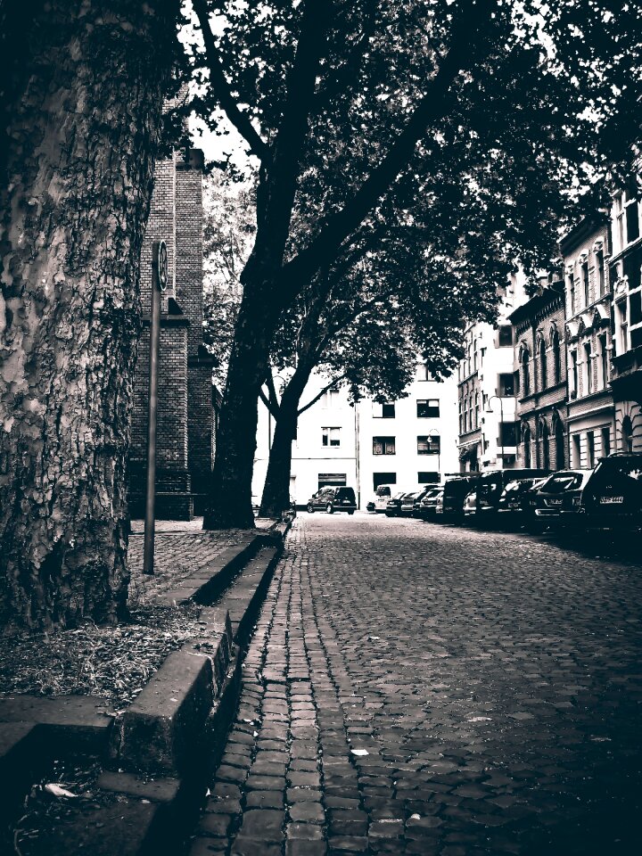 Black and white historic center gloomy
