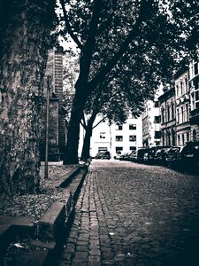 Black and white historic center gloomy