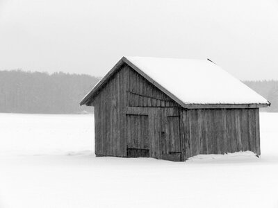 Log cabin snow winter photo