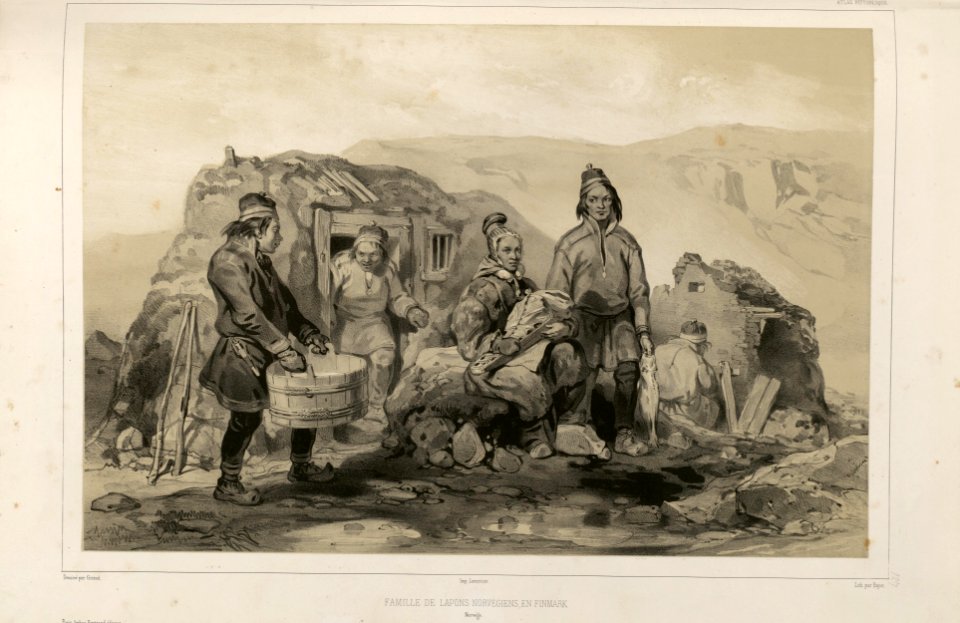 En samisk familie i Finnmark, Norge. A Sami family in Finnmark. Norway. La Recherche Expedition (1838–40).