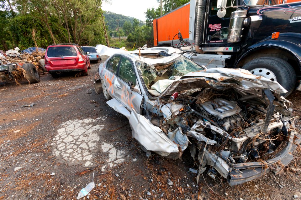 A location outside Lewisburg WV., where vehicles that were washed downstream or damaged during the flooding are being held.