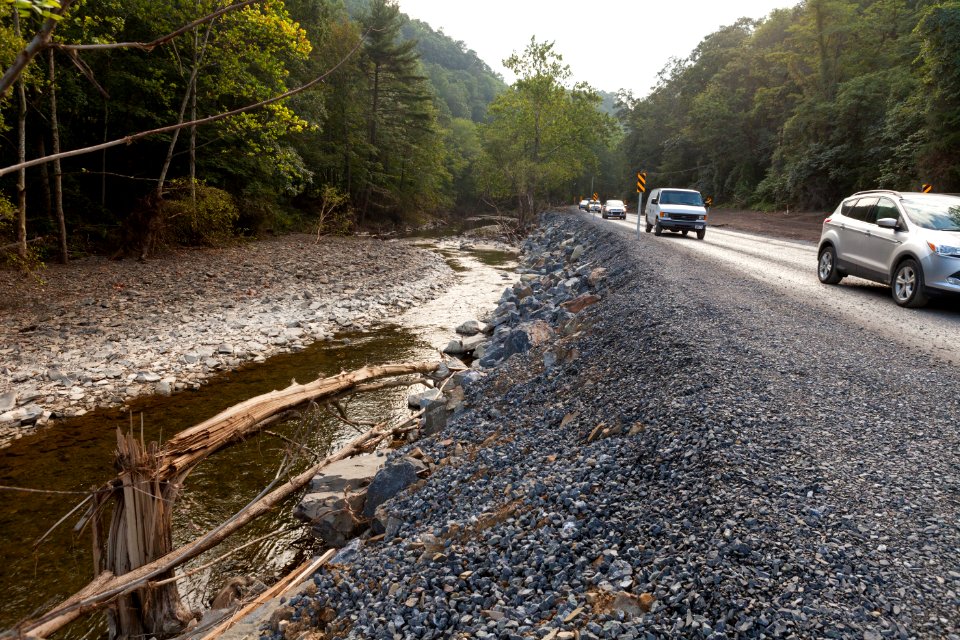 More than a football field sized section of roadway outside Lewisburg WV., after initial repairs resulting from the flooding that took place on June 23rd  2016.